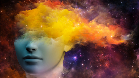 Illustration eines Kopfes vor Weltall-Hintergrund, dessen obere Hälfte sich in orange-roter Farbe auflöst
