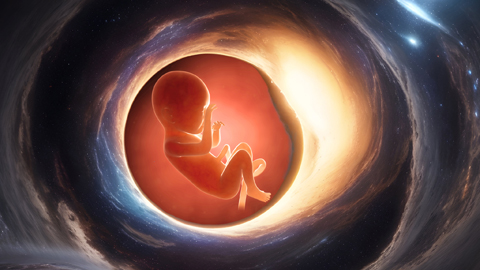 Illustration eines Embryos, der in einem Schwarzen Loch schwebt