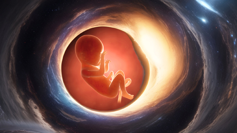 Illustration eines Embryos, der in einem Schwarzen Loch schwebt